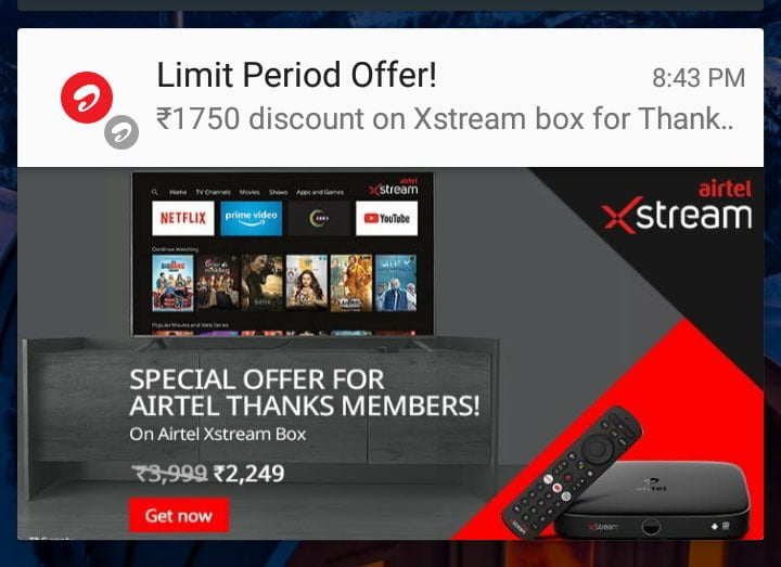 Airtel Xstream Box available at Rs 1750 discount to new customers in Delhi NCR for limited period