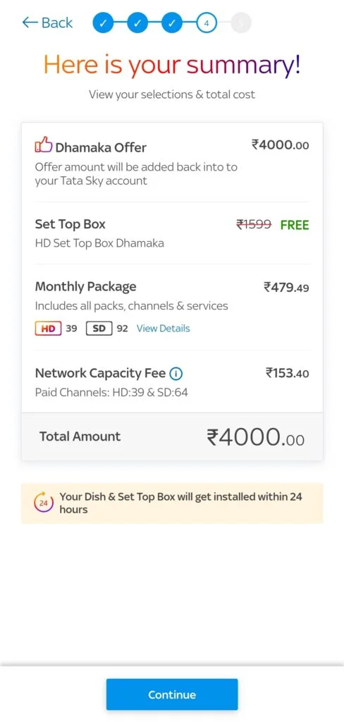 Tata Sky Dhamaka checkout page