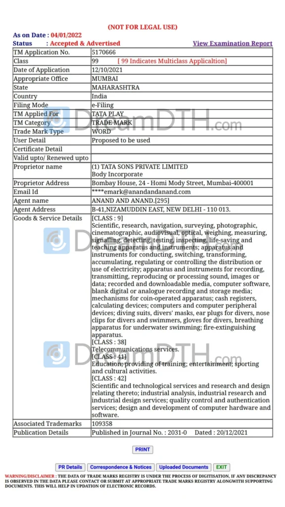 Tata Play Trademark Details