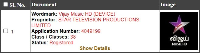Vijay Music HD Trademark