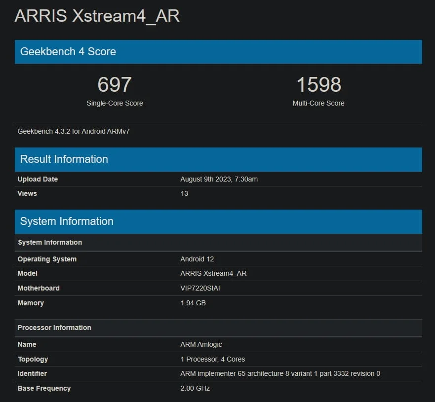 Airtel Arris Xstream set top box Geekbench